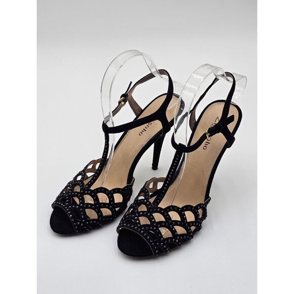 Black Rhinestone T-Strap Heels By Zigzosoho Sz 8.5 Prom Wedding Eveningwear - Picture 2 of 11